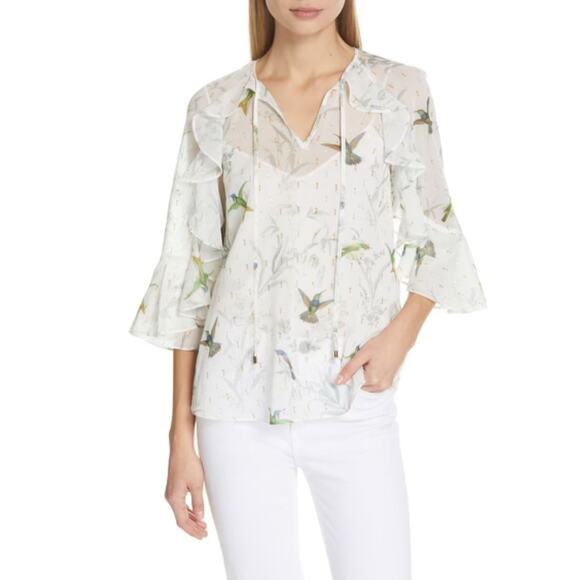 NWOT TED BAKER Top 1/4 Ivory Chiffon Hummingbird Gold Silver Swiss-Dot Long-Slv - Picture 1 of 13